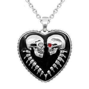 skull heart necklace couple love white & red crystal stainless steel pendant